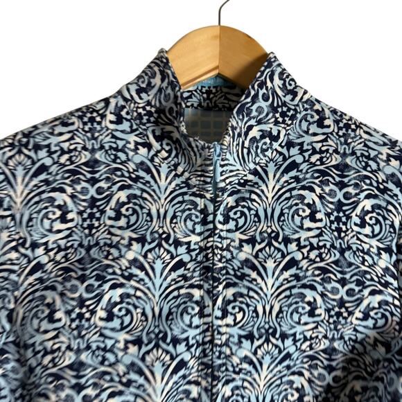J. McLaughlin Navy Blue Printed Full Zip Mock Neck Scuba Billie Jacket Size S - Picture 2 of 8